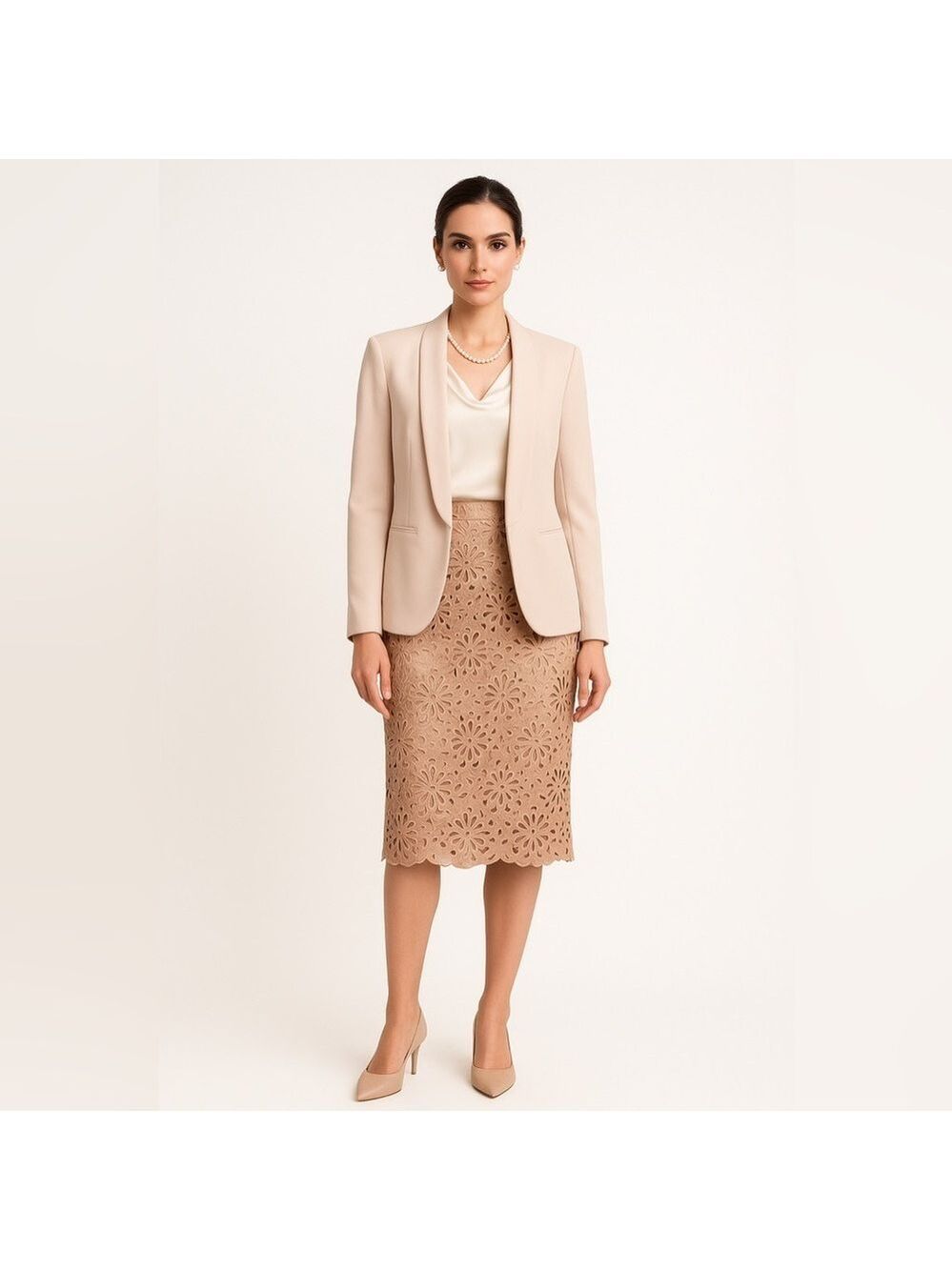 Laser Cut Lace Pencil Skirt, Blush Pink Sand Scalloped Hem Formal or Office 2